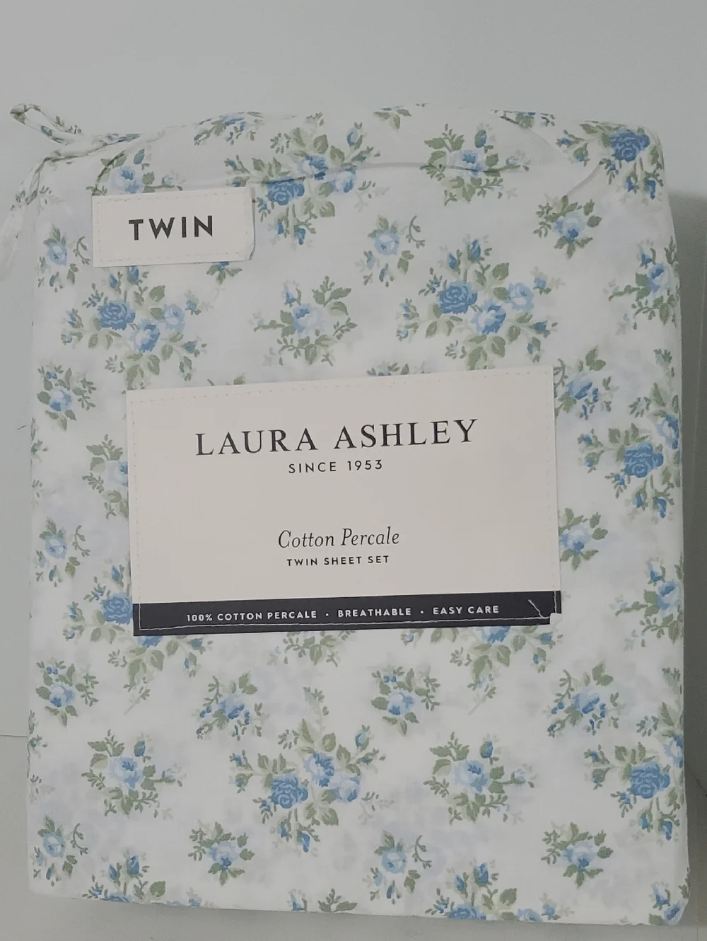 Laura Ashley Twin 100% Cotton Percale Blue Floral Sheet Set NIP